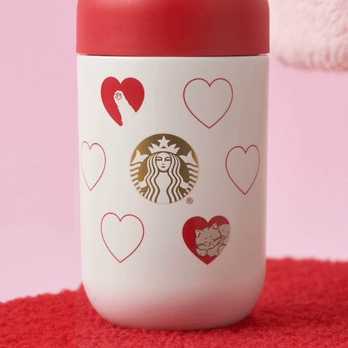 Starbucks China - Valentine’s Pink Kitty 2024 - 23O. Heart & Kitty Stainless Steel Bottle + Fluffy White Pouch Carrier 350ml