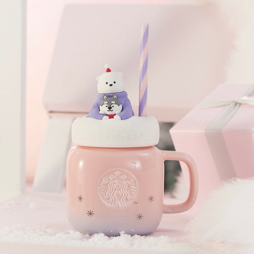 Starbucks China - Christmas 2023 - 8. Holiday Polar Bear & Husksy Lid Purple Pink Ombré Ceramic Mason Mug with Straw 400ml