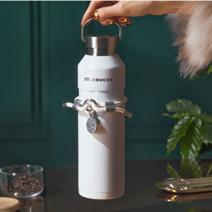 Starbucks China - Coffee Treasure 2023 - 14. Pure White Stainless Steel Handle Water Bottle 710ml + Logo Charm Bracelet