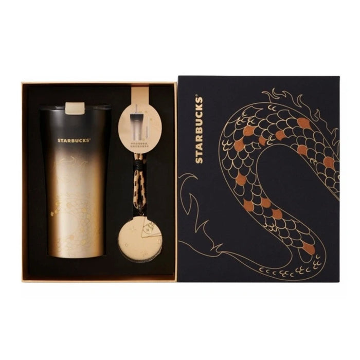 Starbucks China - Fortune is Coming 2024 - 20. Black Gold Ombré Dragon Stainless Steel ToGo Tumbler 470ml + Lucky Charm Box Set