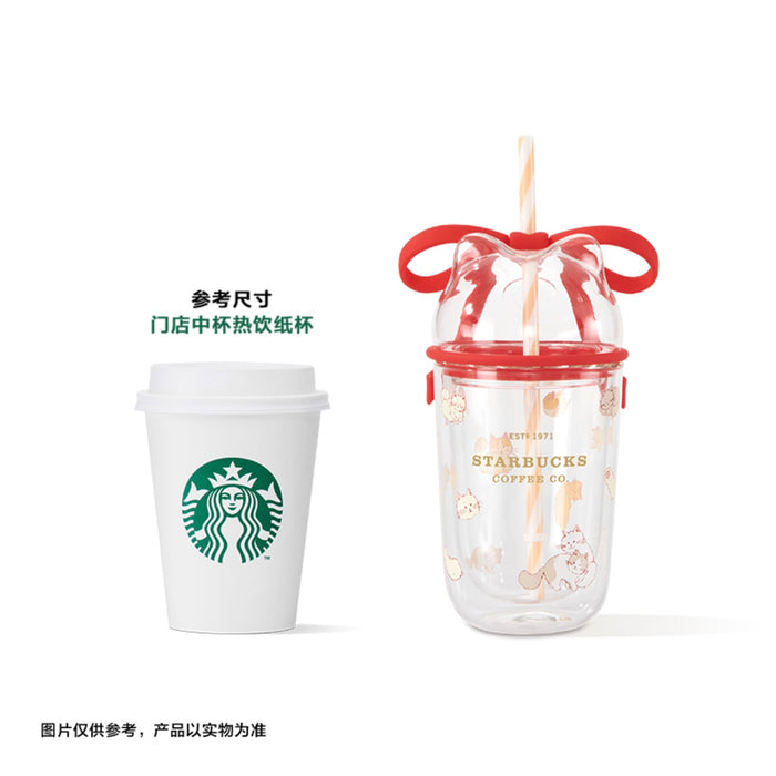 Starbucks China - Valentine’s Pink Kitty 2024 - 20O. Kitty Ribbon Double-Wall Glass Cold Cup 400ml