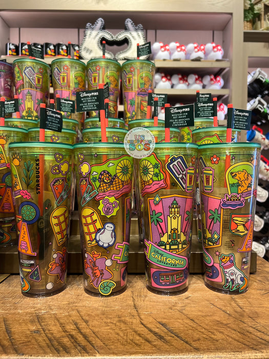 DLR - Starbucks Neon Iconography - “Disney California Adventure” Cold-Cup Tumbler with 2 Mystery Pins
