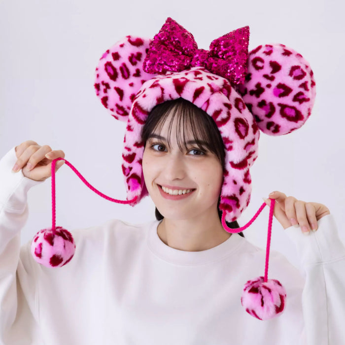 TDR - Enjoy Winter Fashion Collection x Minnie Mouse Leopard Print Fluffy Fan Cap for Adults Color: Pink (Pre Order, Restock Date is Unknown)