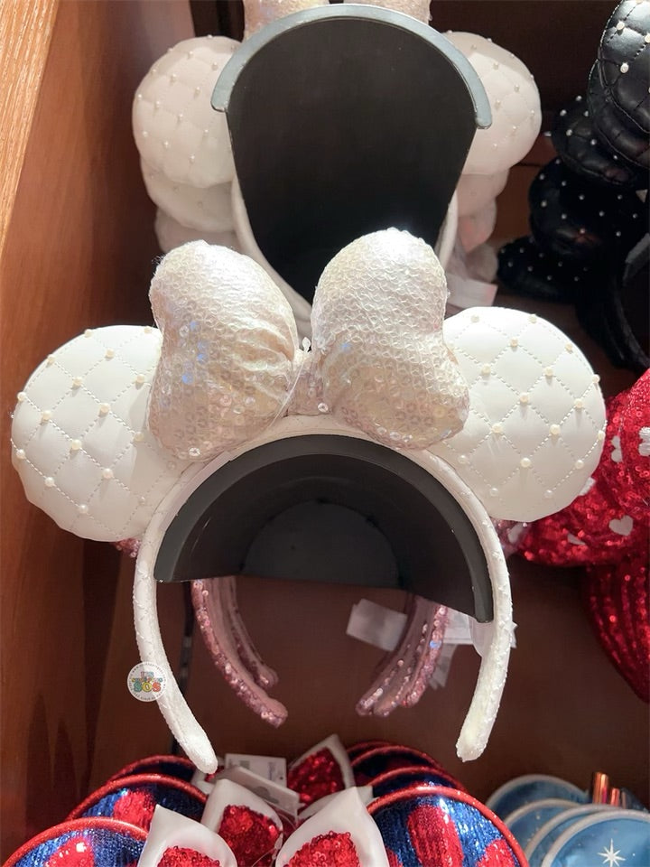 HKDL - Minnie Mouse White Sequin Bow & Synthetic Leather Pearl Ear Headband