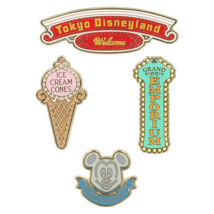 TDR - 2026 Tokyo Disneyland Park Signs Pins of 4 "Ice Cream Cones" shop and "Grand Emporium"(Release Date: Jul 16, 2026)