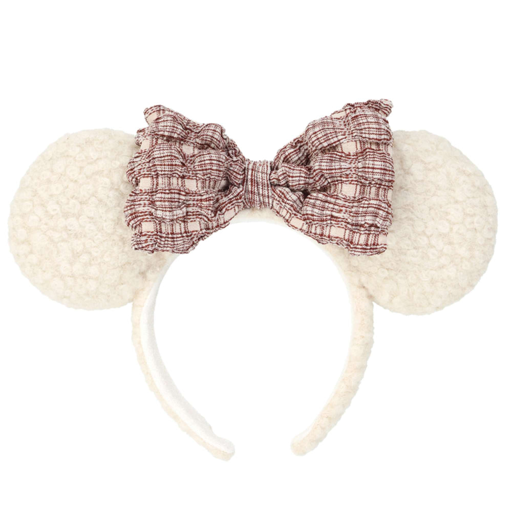 TDR - Minnie Mouse Fluffy Sherpa-Style Red & White Plaid Bow Ear Headband (Release Date: Nov 20, 2025)