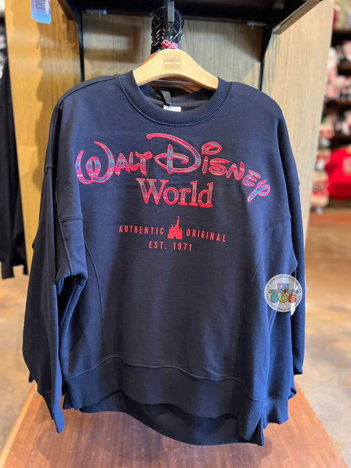 DLR/WDW - Christmas 2025 - Red Green Plaid Park Logo Authentic Castle Original Black Pullover (Adult)