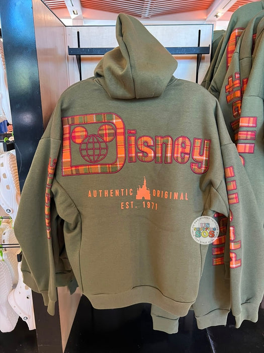 DLR/WDW - Park Logo Orange Plaid Authentic Castle Original Olive Zip Hoodie Jacket (Adult)