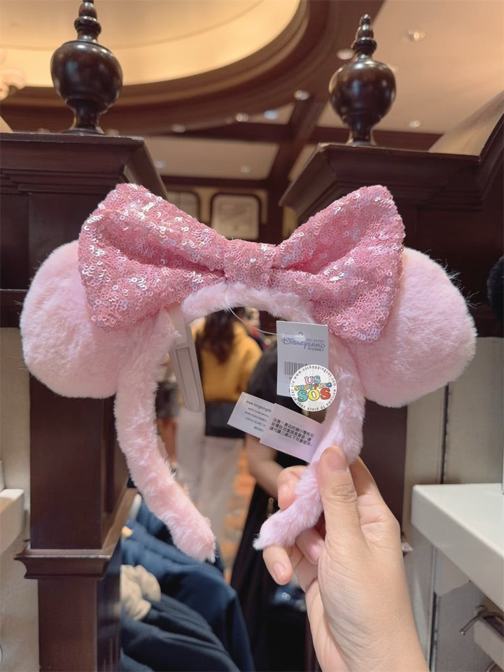 HKDL - Minnie Mouse Sequin Bow Fluffy Ear Headband (Color: Pink)