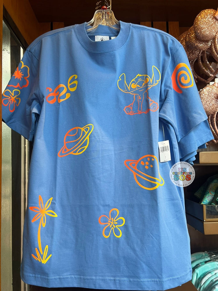 DLR/WDW - Lilo & Stitch 2024 626 Day -  Stitch, Flower, Planet All Over Print Steel Blue T-shirt (Adult)