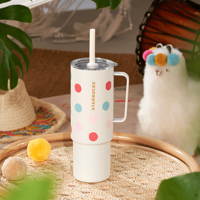 Starbucks China - 🦙 Alpaca Paradise 2024 - 10S. MiiR White Polka Dot Stainless Steel Cup with Straw 946ml