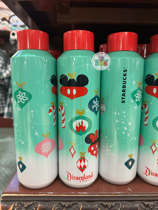 DLR - Christmas 2023 - Starbucks “Disneyland Resort” Ornaments Ombré White Green Stainless Steel Water Bottle