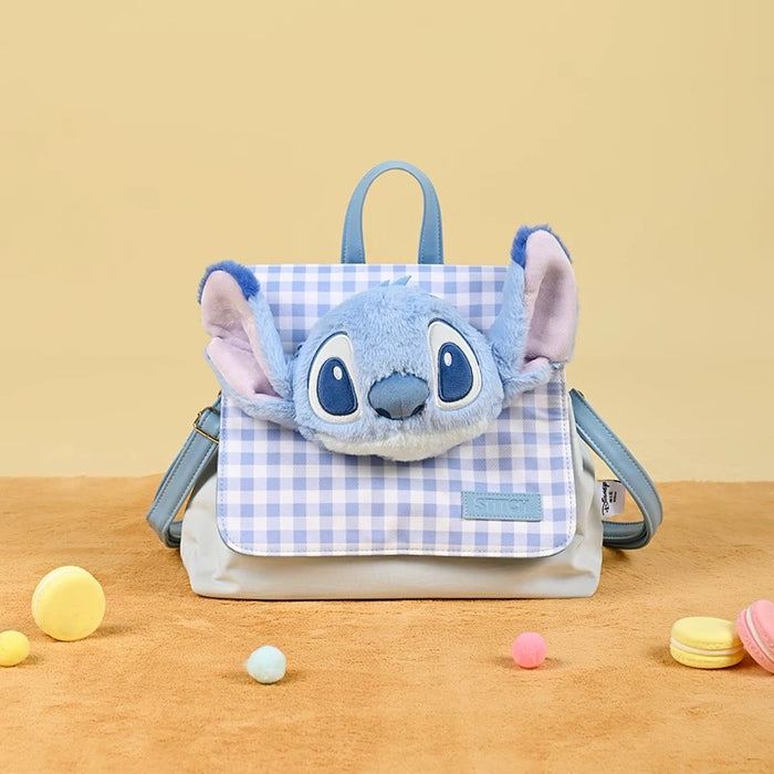 China Exclusive- Stitch Plushy Big Face “Checkered Style’ 2 Ways Bag (Backpack & Shoulder Bag)