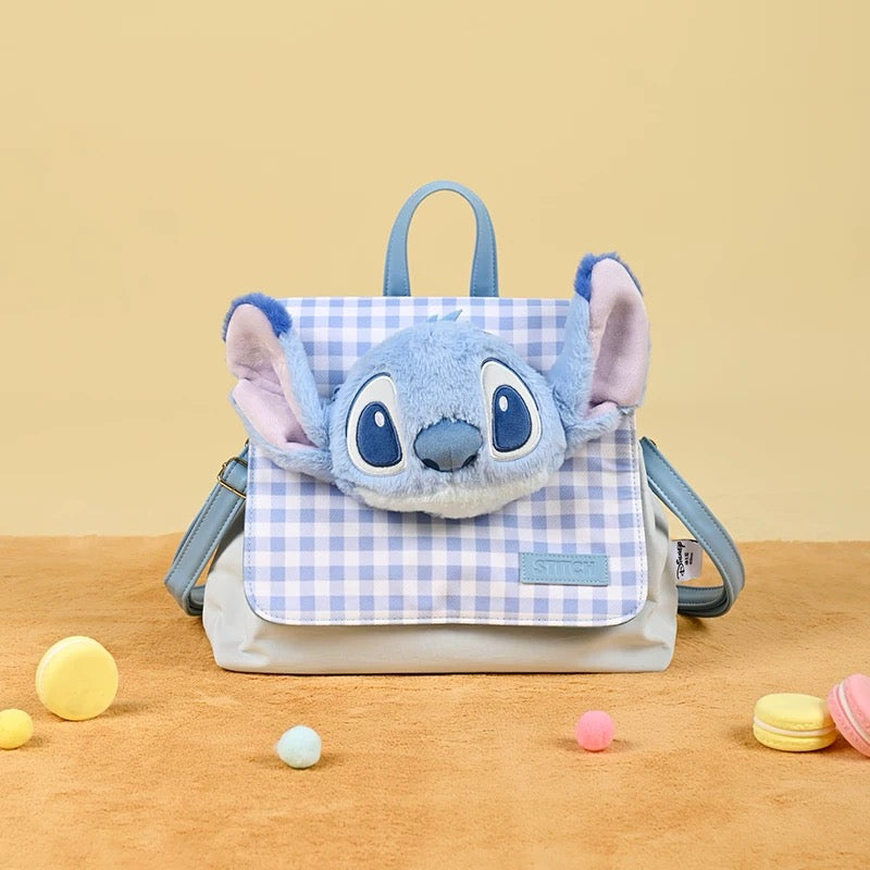 China Exclusive- Stitch Plushy Big Face “Checkered Style’ 2 Ways Bag (Backpack & Shoulder Bag)
