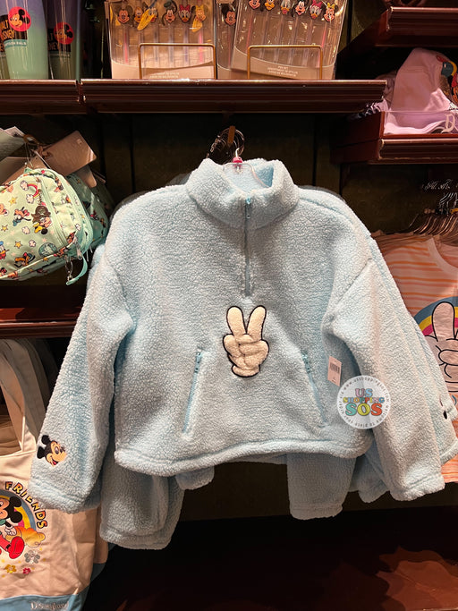 DLR/WDW - Vintage Mickey Embroidered Victory Hand Baby Blue Sherpa Fluffy Cropped Pullover (Adult)