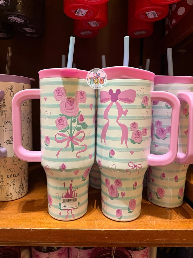 DLR/WDW - Minnie Rose & Bow Stripe Blue Cream/Pink Stainless Steel ToGo Tumbler 40oz