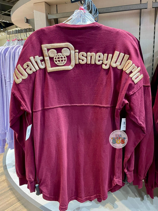 DLR/WDW Spirit Jersey Glittery Gold Logo Words Maroon V-Neck