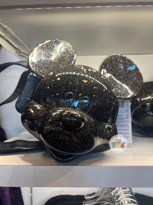 DLR/WDW - Loungefly 3D Mickey Big Face Black Sparkle Crossbody Bag