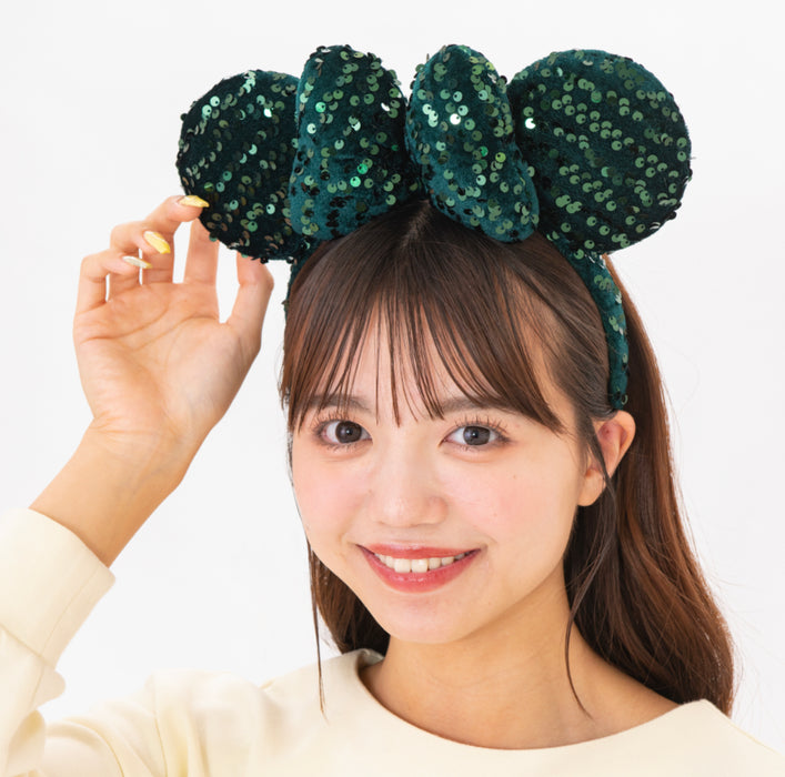 TDR - Minnie Fluff & Sequin Green Color Ear Headband (Release Date: Nov 8, 2024)
