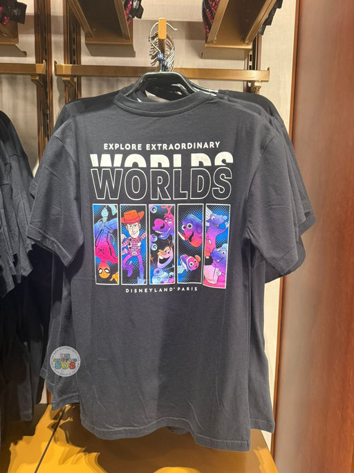 DLP - 2026 Disneyland Paris Disney Adventure World ‘Explore Extraordinary Worlds’ Wordings T Shirt for Adults Color: Black