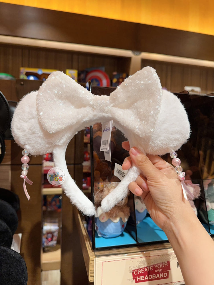 HKDL - Minnie Mouse Sparking Sequin Ribbon & Beads Ear Headband Color White