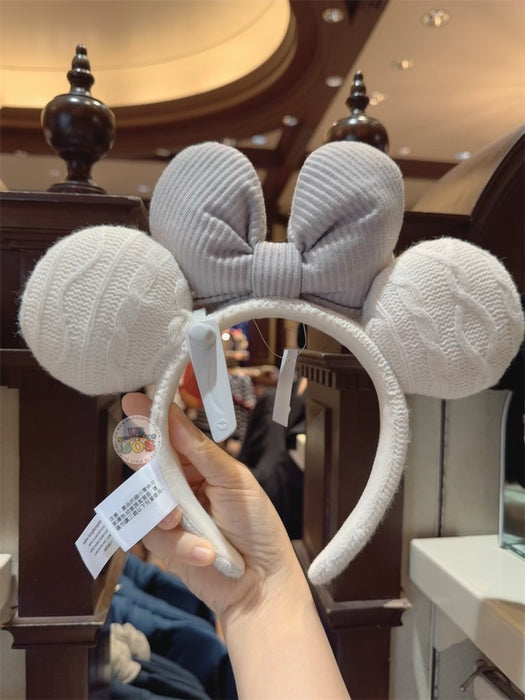HKDL - Minnie Mouse Corduroy Bow & White Color Knit Ear Headband
