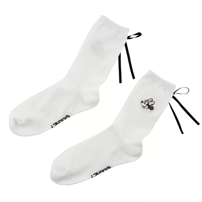 JDS - Minnie Mouse Socks with Back Ribbon and Face Embroidery, White, Sizes 23-25
