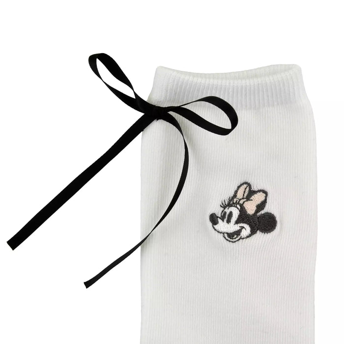 JDS - Minnie Mouse Socks with Back Ribbon and Face Embroidery, White, Sizes 23-25