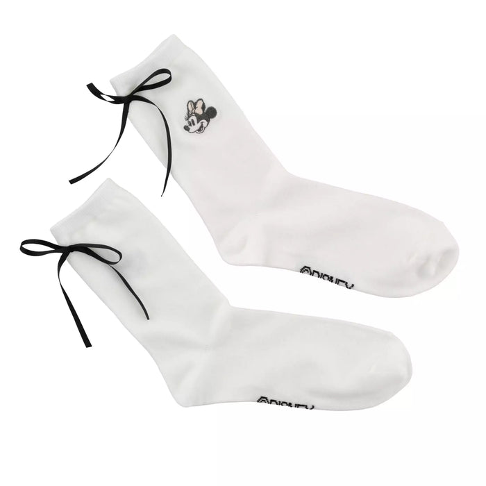 JDS - Minnie Mouse Socks with Back Ribbon and Face Embroidery, White, Sizes 23-25