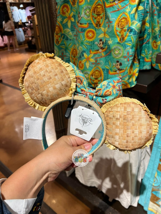 WDW - Disney’s Polynesian Village Resort 2026 - Minnie Tiki-Pattern Bow Hibiscus Straw-Style Ear Headband