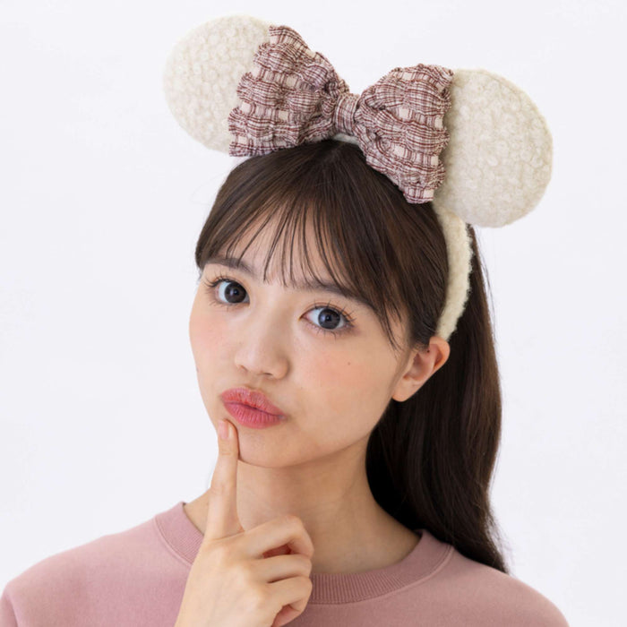 TDR - Minnie Mouse Fluffy Sherpa-Style Red & White Plaid Bow Ear Headband (Release Date: Nov 20, 2025)