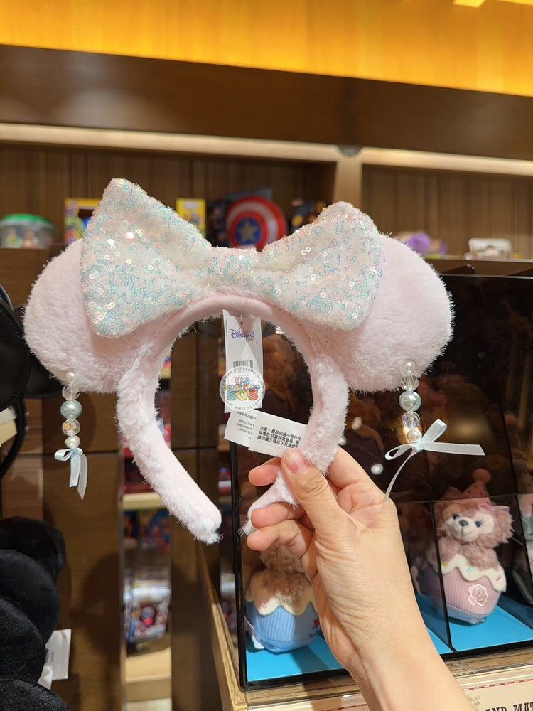 HKDL - Minnie Mouse Sparking Sequin Ribbon & Beads Ear Headband Color Pink
