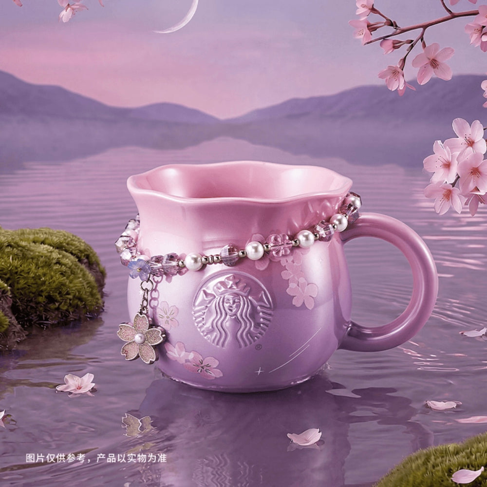 Starbucks China - Twilight Sakura 2026 - 26O. Cherry Blossom Embossed Logo Ceramic Mug with Beaded Charm 410ml