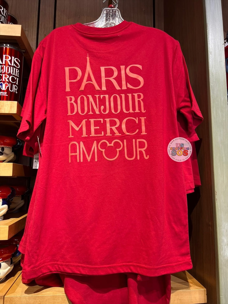WDW - Epcot World Showcase France 🇫🇷 - Mickey & Minnie Red Beret 2026 - Paris, Bonjour, Merci, Amour Red T-shirt (Adult)