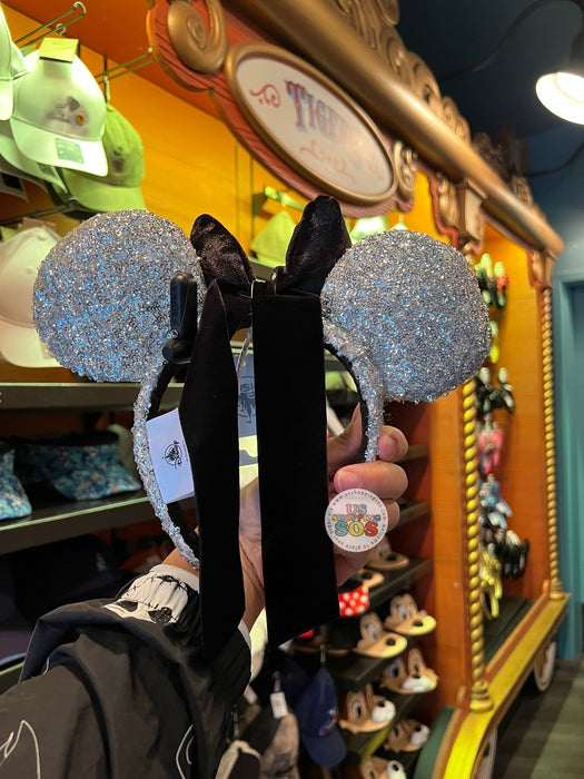 DLR/WDW - Minnie Cinderella Blue Sequin Ear Crystal Black Velvet Bow Headband