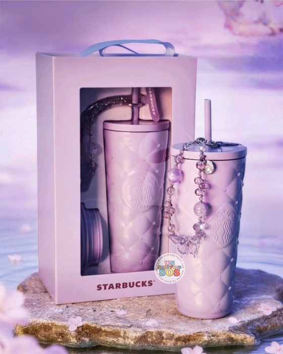 Starbucks China - Twilight Sakura 2026 - 9S. Cherry Blossom Diamond-Faceted Dual-Lid Stainless Steel Tumbler 525ml/590ml