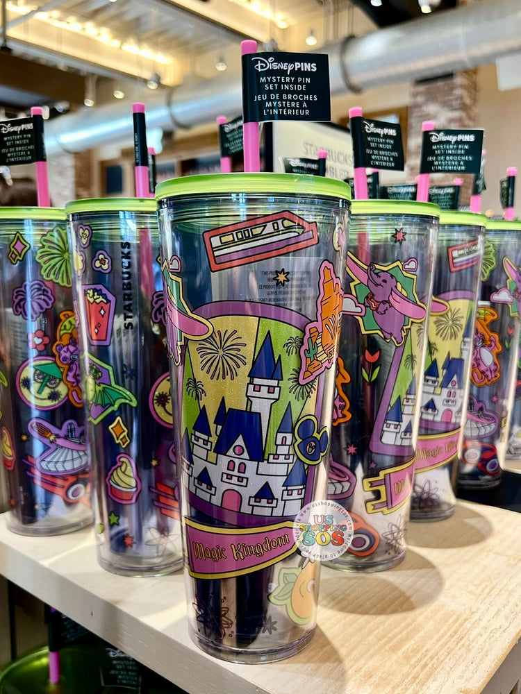 WDW - Starbucks Neon Iconography - “Magic Kingdom” Cold-Cup Tumbler with 2 Mystery Pins