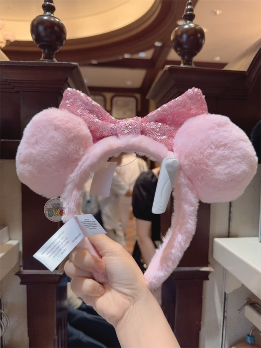 HKDL - Minnie Mouse Sequin Bow Fluffy Ear Headband (Color: Pink)