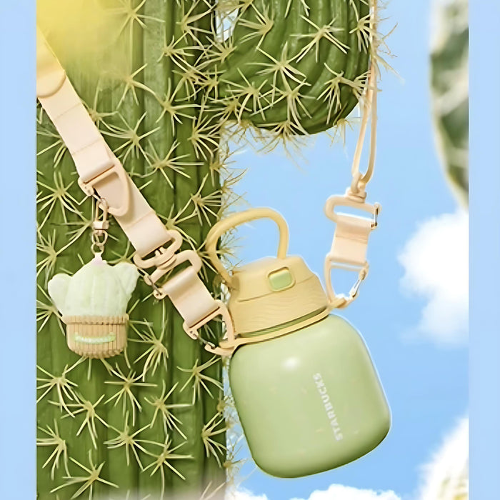Starbucks China - Colorful Succulent Garden 2024 - 5O. Crossbody Green Stainless Steel Water Bottle with Cactus Plush Charm 580ml