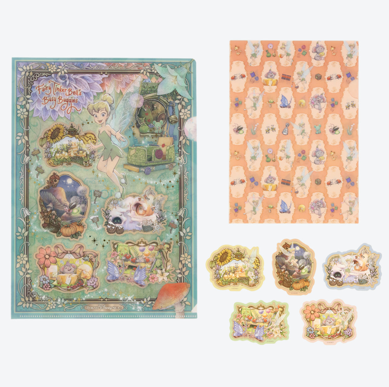 TDR - Fantasy Springs "Fairy Tinkerbell's Busy Buggy" Collection x Clear Holder & Stickers Set