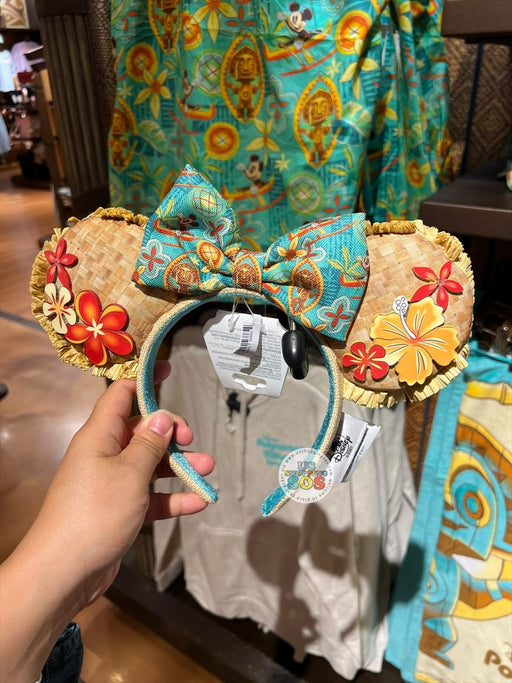 WDW - Disney’s Polynesian Village Resort 2026 - Minnie Tiki-Pattern Bow Hibiscus Straw-Style Ear Headband