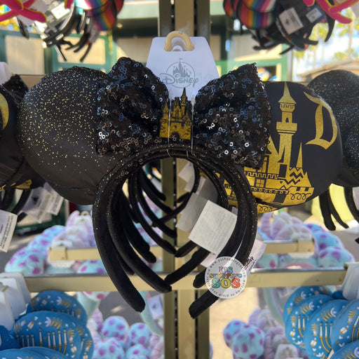 DLR - Disney Park Icons - “D” Black Sequin Bow Gold Castle Print Ear Headband