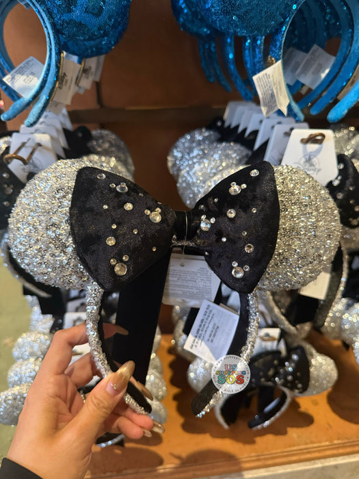 DLR/WDW - Minnie Rhinestone Black Velvet Bow Silver Sequin Ear Headband