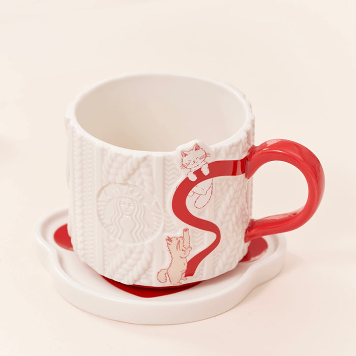Starbucks China - Valentine’s Pink Kitty 2024 - 7. Woolen Yard Pattern Ceramic Mug + Paw Saucer 340ml