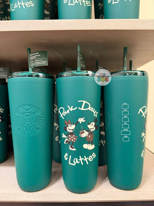 DLR/WDW - Starbucks Mickey & Minnie Park Days & Lattes Forest Green Stainless Steel Cold Cup