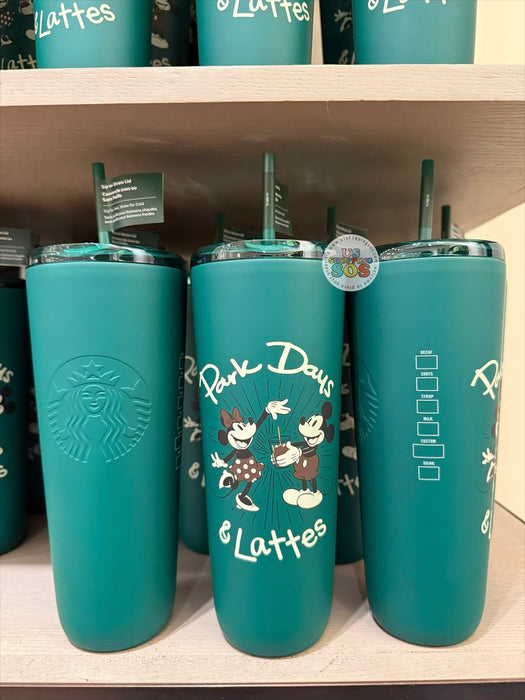DLR/WDW - Starbucks Mickey & Minnie Park Days & Lattes Forest Green Stainless Steel Cold Cup