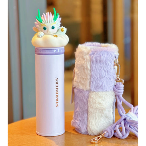 Starbucks China - Fortune is Coming 2024 - 10. Baby Dragon Thermos Light Purple Stainless Steel Bottle 350ml + Fluffy Carrier