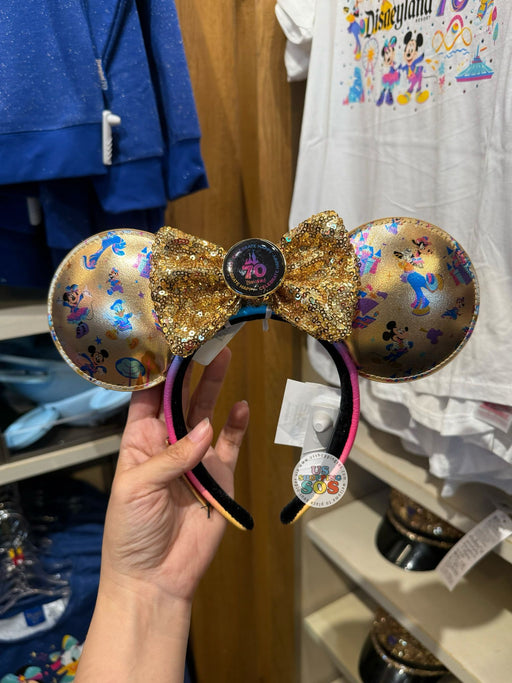 DLR - Disneyland 70th Celebration - Loungefly Mickey & Friends All-Over-Print Golden Sequin Bow Ear Headband
