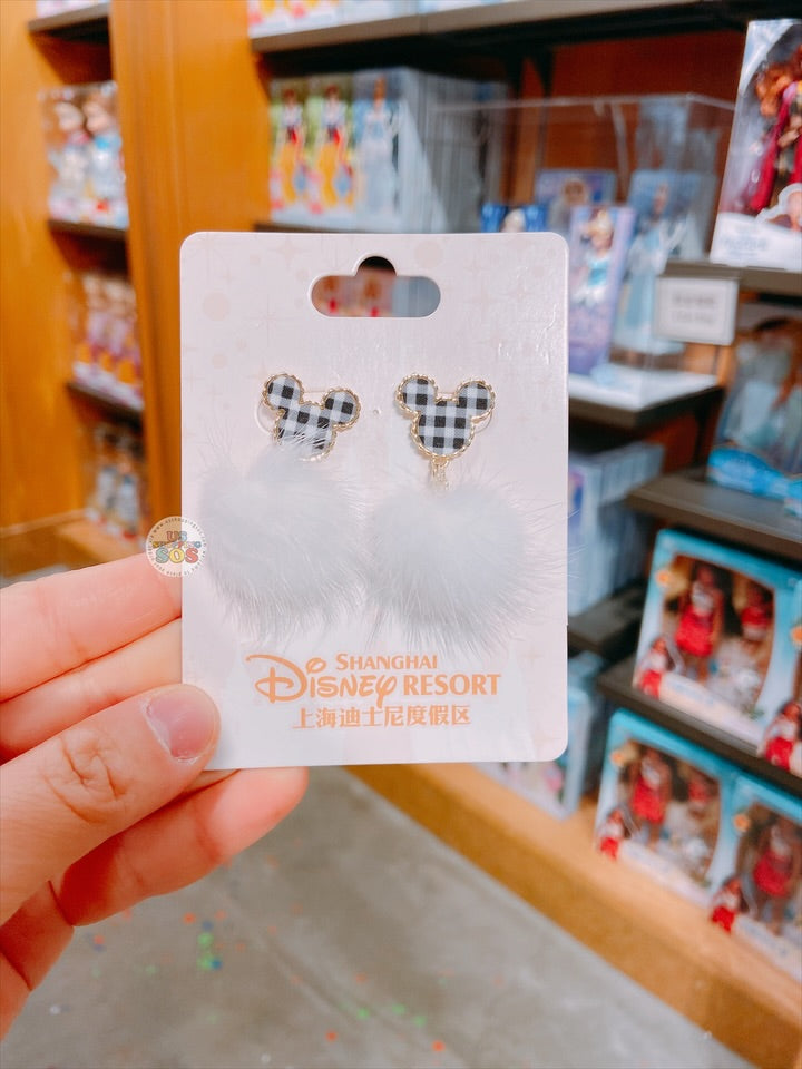 SHDL - Mickey Mouse Checkered Pom Pom Earrings (Color: White)
