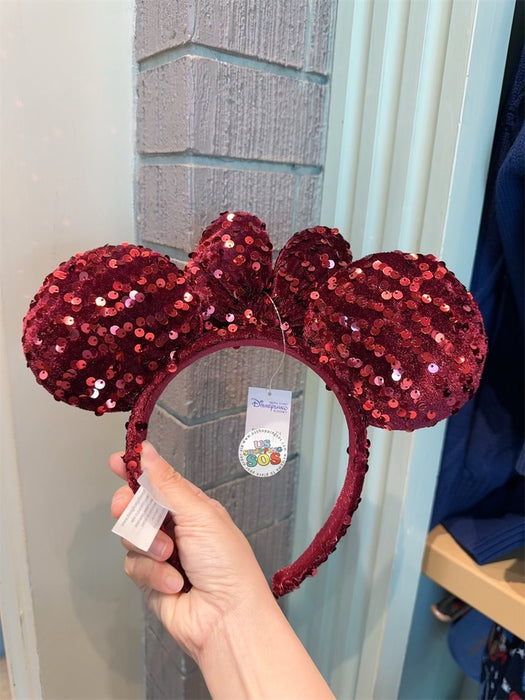 HKDL - Minnie Velvet & Sequin Red Color Ear Headband